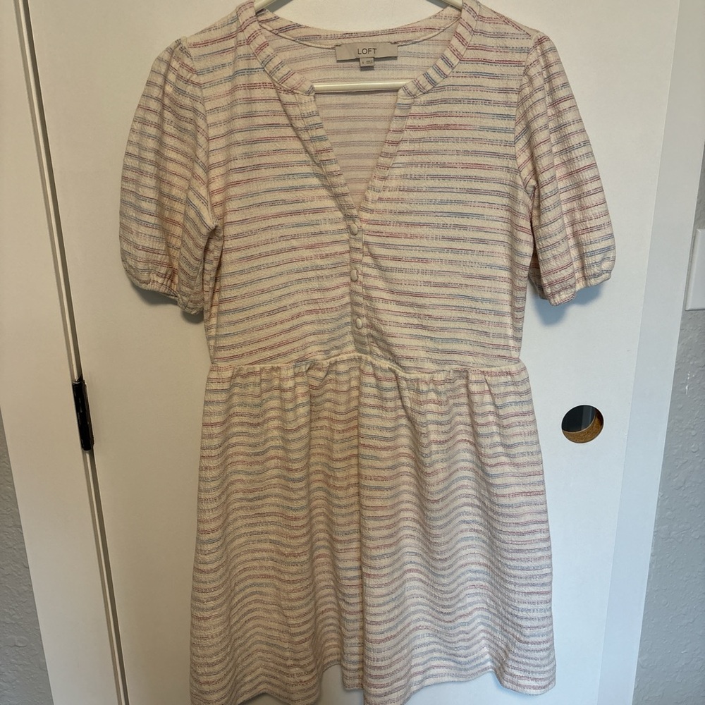 LOFT Striped Puff Sleeve Fit & Flare Dress Small